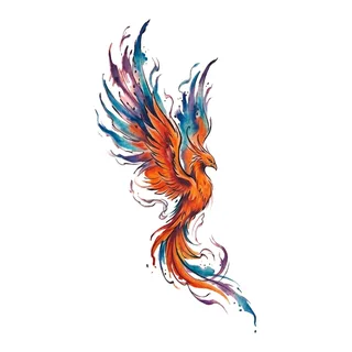 Color watercolor phoenix tattoo design, drawn flat for a foot tattoo