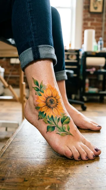 Color watercolor sunflower tattoo on a woman's foot