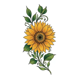 Color watercolor sunflower tattoo design, drawn flat for a foot tattoo