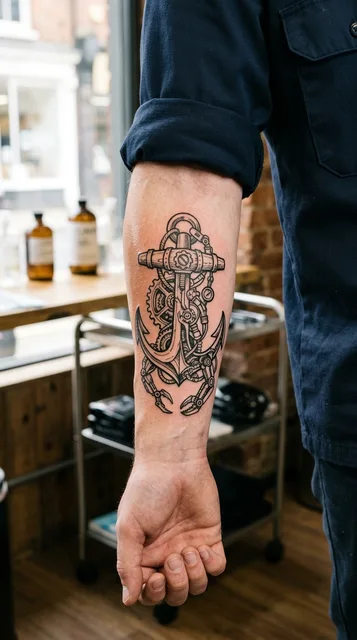 Black and grey biomechanical anchor tattoo on a man's forearm