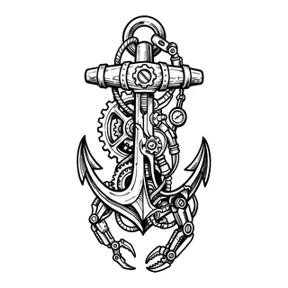 Black and grey biomechanical anchor tattoo design, drawn flat for a forearm tattoo