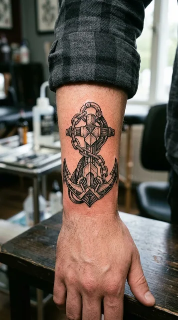 Black and grey biomechanical tattoo on a man's forearm