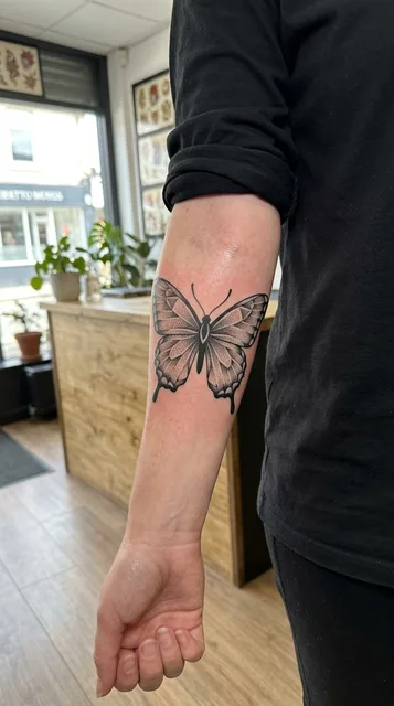 Black and grey dotwork butterfly tattoo on a woman's forearm