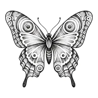 Black and grey dotwork butterfly tattoo design, drawn flat for a forearm tattoo