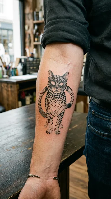 Black and grey dotwork cat tattoo on a man's forearm