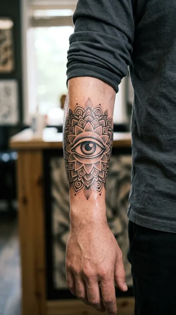 Black and grey dotwork eye tattoo on a man's forearm