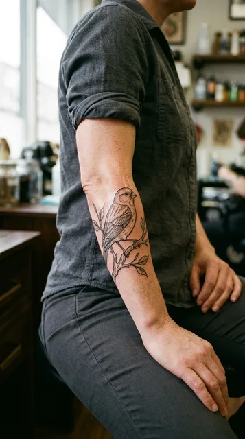 Black and white fine line bird tattoo on a woman's forearm