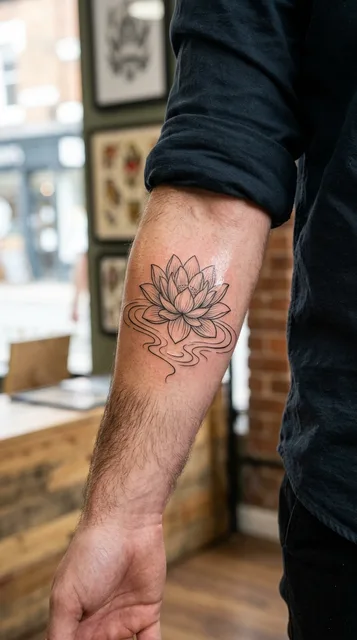 Black and white fine line lotus tattoo on a man's forearm