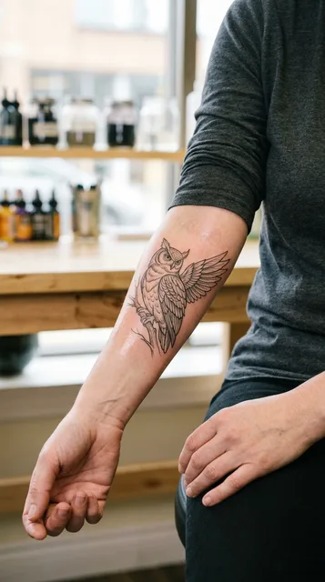 Black and white fine line owl tattoo on a woman's forearm
