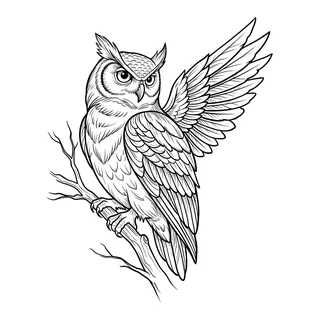Black and white fine line owl tattoo design, outline stencil for a forearm tattoo