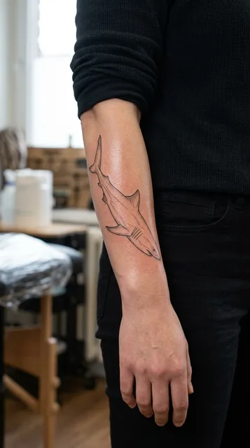 Black and white fine line shark tattoo on a woman's forearm