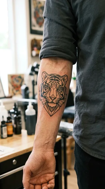 Black and white geometric tattoo on a man's forearm