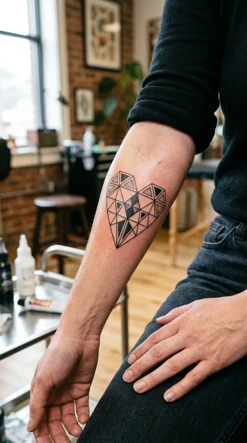 Black and white geometric heart tattoo on a woman's forearm