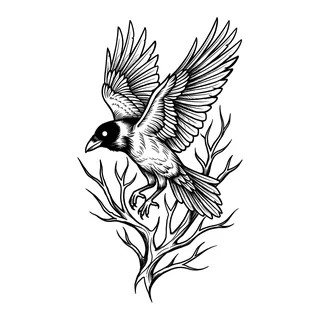 Black and grey illustrative crow tattoo design, drawn flat for a forearm tattoo
