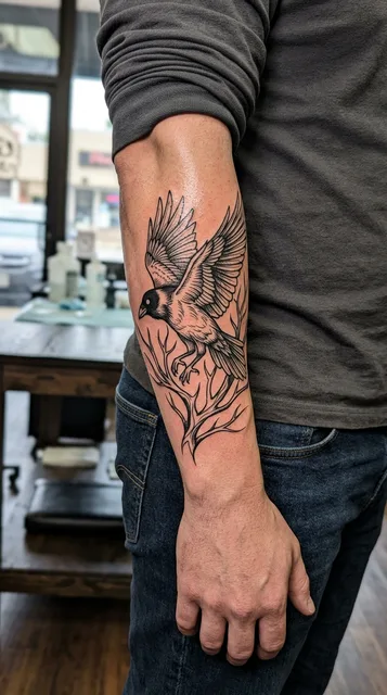 Black and grey illustrative crow tattoo on a man's forearm