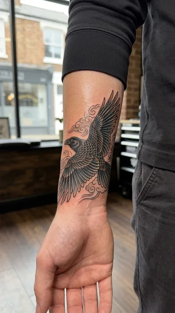 Tattoo mit einem Raben, Stil: illustrativ, in Schwarz-Grau, am Unterarm eines Mannes