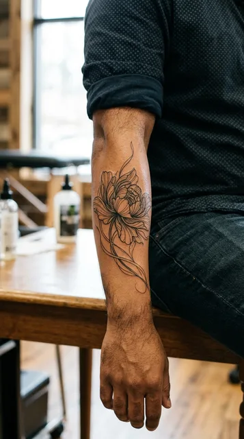 Black and white linework flower tattoo on a man's forearm
