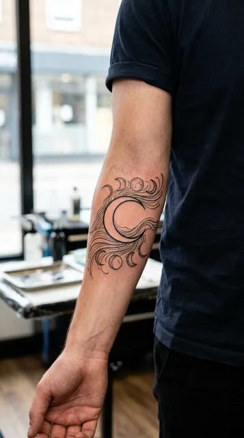 Black and white linework moon phases tattoo on a man's forearm