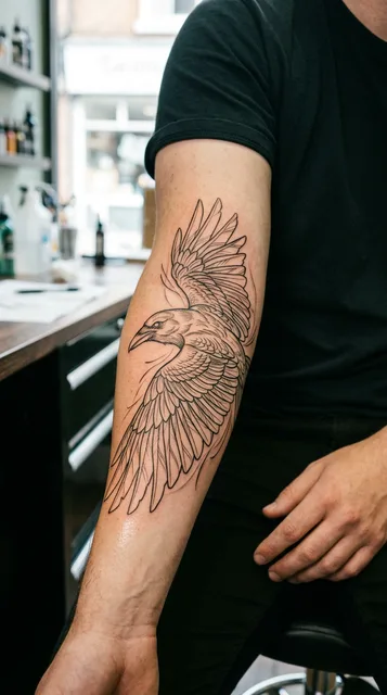 Black and white linework raven tattoo on a man's forearm