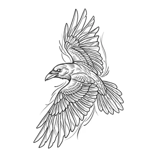 Black and white linework raven tattoo design, outline stencil for a forearm tattoo