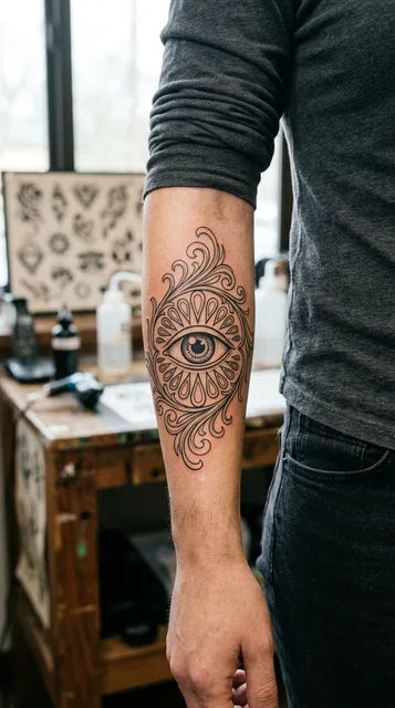 Black and grey ornamental eye tattoo on a woman's forearm