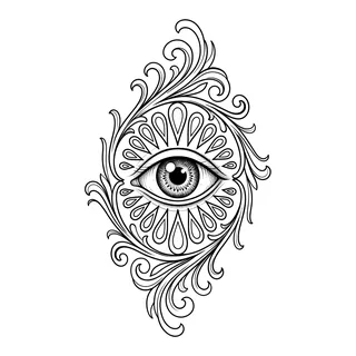 Black and grey ornamental eye tattoo design, drawn flat for a forearm tattoo