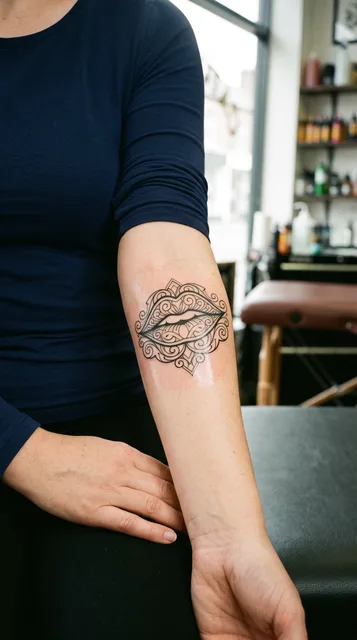 Black and grey ornamental lips tattoo on a woman's forearm