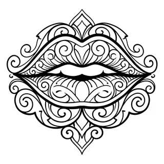 Black and grey ornamental lips tattoo design, drawn flat for a forearm tattoo