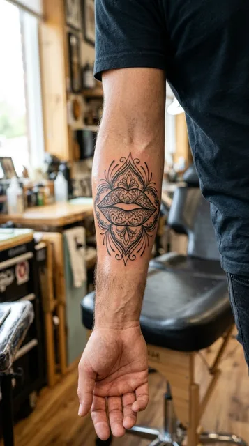 Black and grey ornamental lips tattoo on a man's forearm