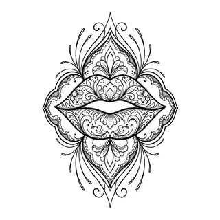 Black and grey ornamental lips tattoo design, drawn flat for a forearm tattoo
