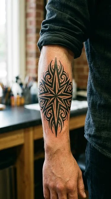 Black and white tribal compass rose tattoo on a man's forearm