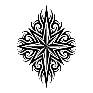 Black and white tribal compass rose tattoo design, drawn flat for a forearm tattoo