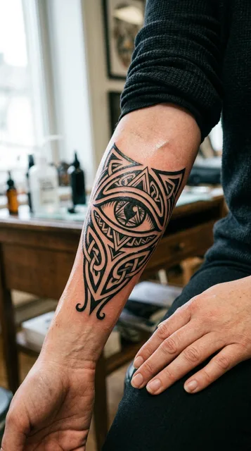 Black and white tribal eye tattoo on a woman's forearm