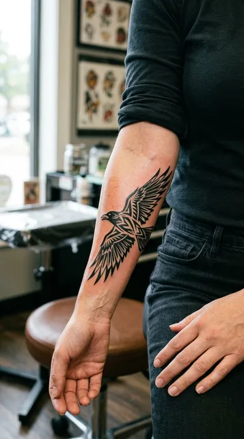 Black and white tribal raven tattoo on a woman's forearm