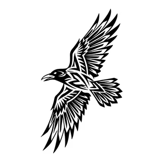 Black and white tribal raven tattoo design, drawn flat for a forearm tattoo