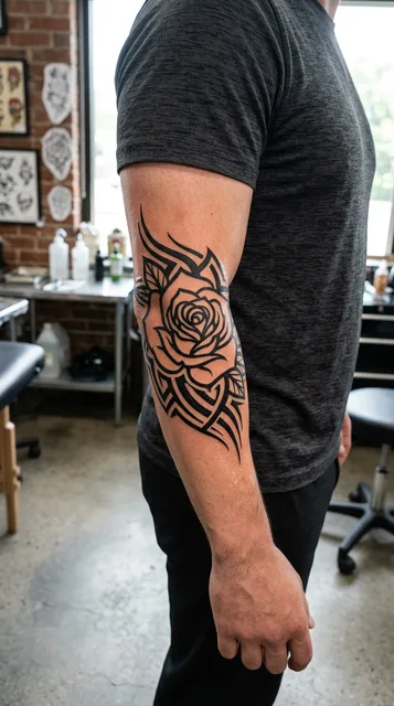 Black and white tribal rose tattoo on a man's forearm