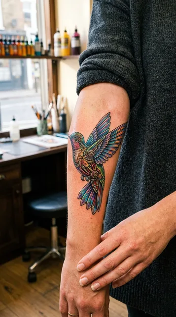 Color biomechanical hummingbird tattoo on a woman's forearm