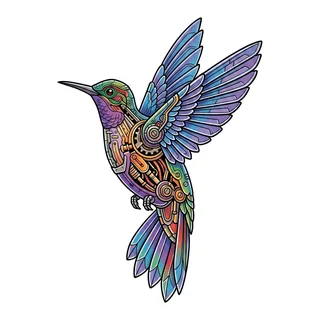 Color biomechanical hummingbird tattoo design, drawn flat for a forearm tattoo
