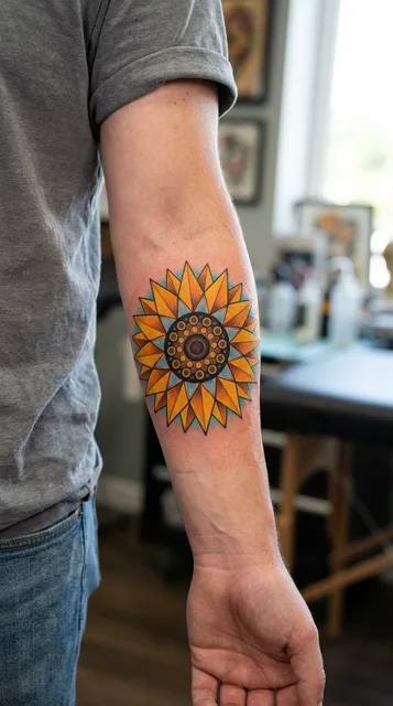 Color geometric sunflower tattoo on a man's forearm