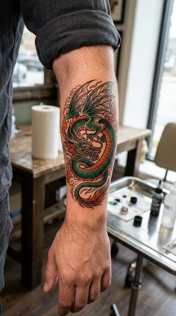 Color illustrative dragon tattoo on a man's forearm