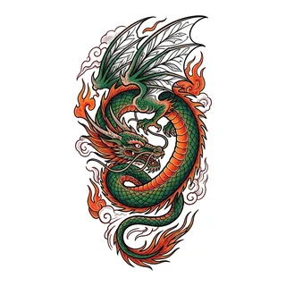 Color illustrative dragon tattoo design, drawn flat for a forearm tattoo