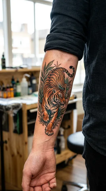Color illustrative tiger tattoo on a man's forearm