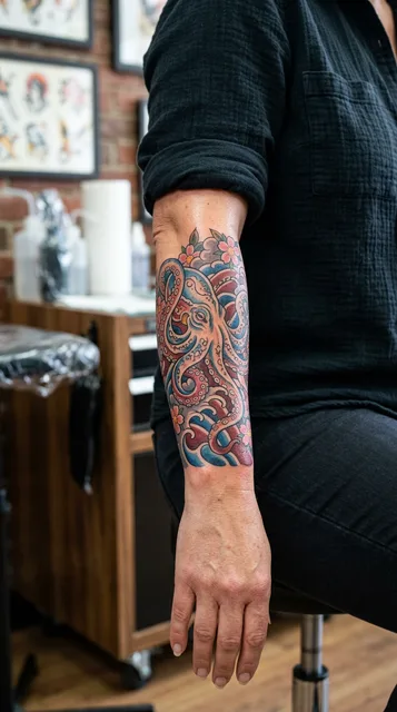 Color Japanese octopus tattoo on a woman's forearm