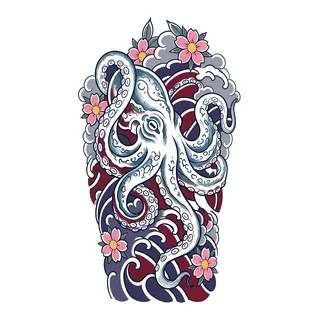 Color Japanese octopus tattoo design, drawn flat for a forearm tattoo