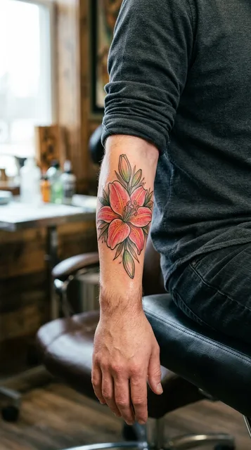 Color neo traditional lily tattoo on a man's forearm