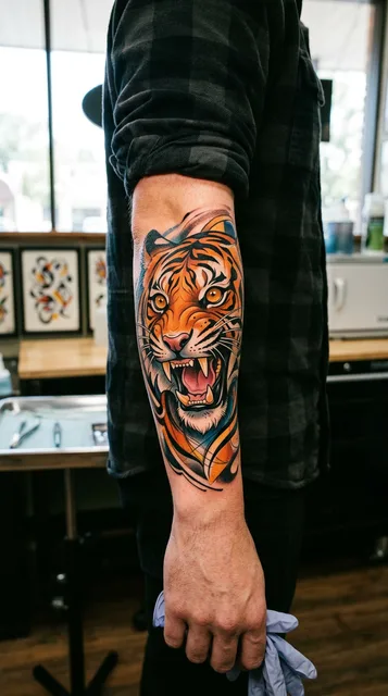 Color new school tiger tattoo on a man's forearm