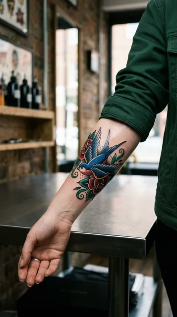Color traditional bird tattoo on a woman's forearm