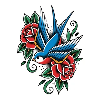 Color traditional bird tattoo design, drawn flat for a forearm tattoo