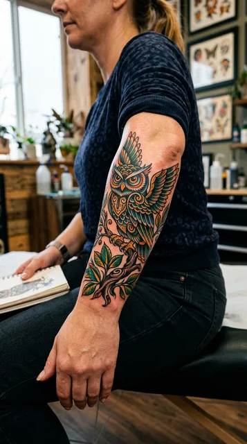 Color traditional owl tattoo on a woman's forearm