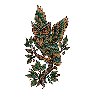 Color traditional owl tattoo design, drawn flat for a forearm tattoo